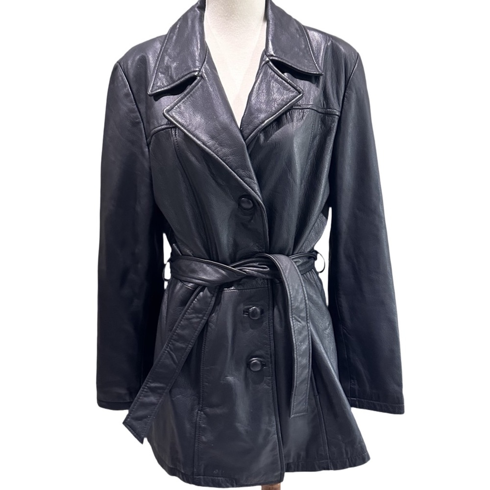 Jacqueline FerrarWomen’s Black Genuine Leather Jacket  Vintage Tie Waist Coat M